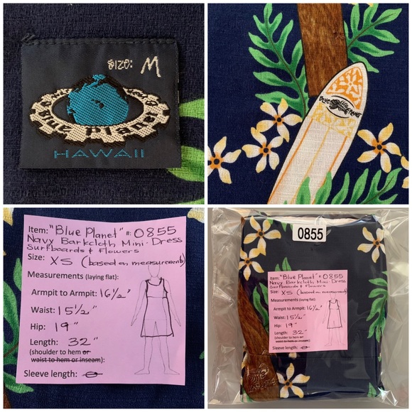 🌺 “Blue Planet” Navy Hawaiian Barkcloth Mini-Dress Surfboards size XS - Picture 10 of 11
